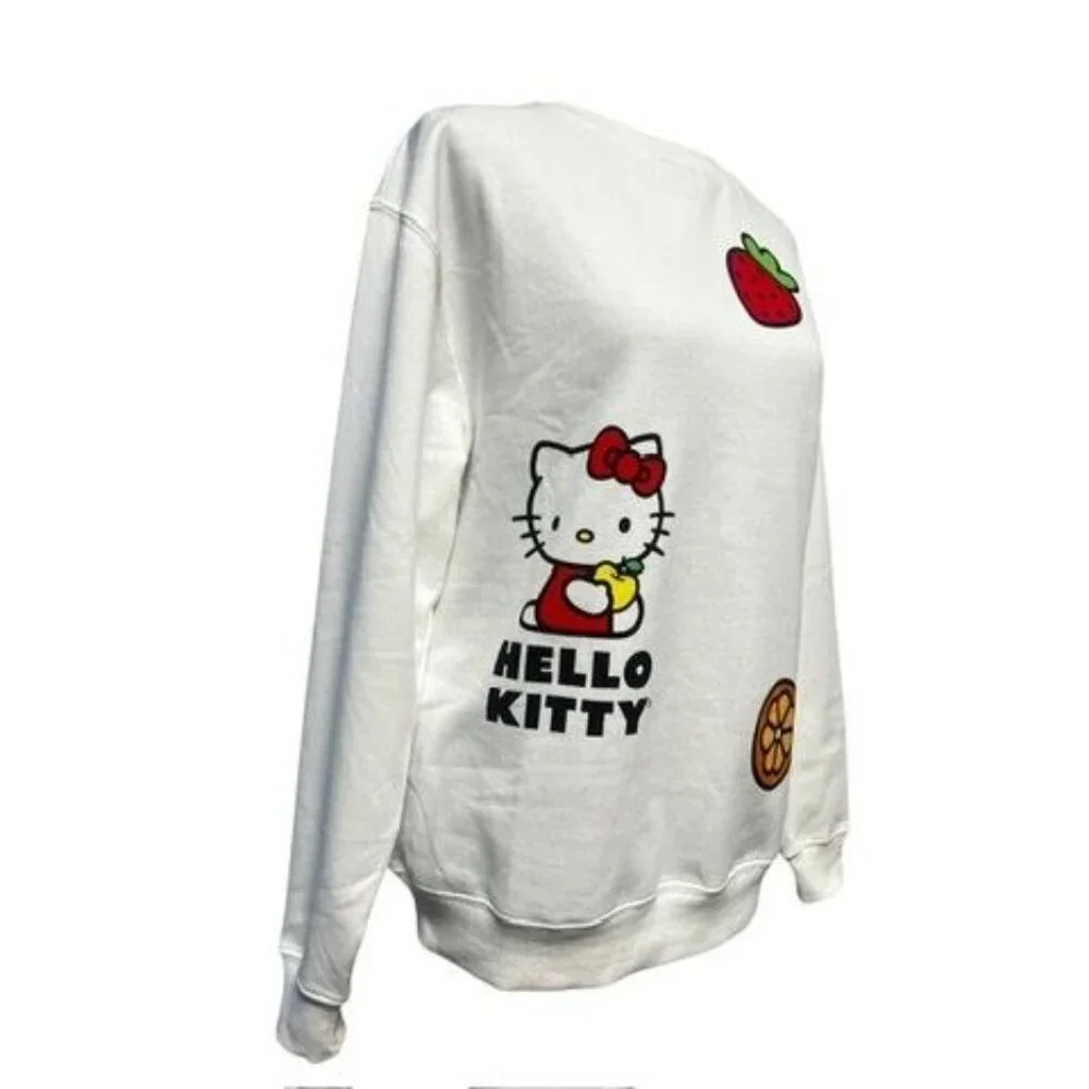 HELLO KITTY CREWNECK SWEATSHIRT WOMEN XS WHITE PREPPY LIGHT SWEATER RELAX